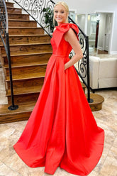One Shoulder Bow Tie Satin Prom Dress with Pockets